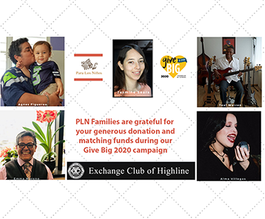 Portrait pictures of Agnes Figueroa, Emma Moreno, Jasmine Sears, Teal Warren & Alma Villegas along with the Exchange Club logo and a message stating "PLN families are grateful for your support and matching funds during the GiveBig 2020 campaign.